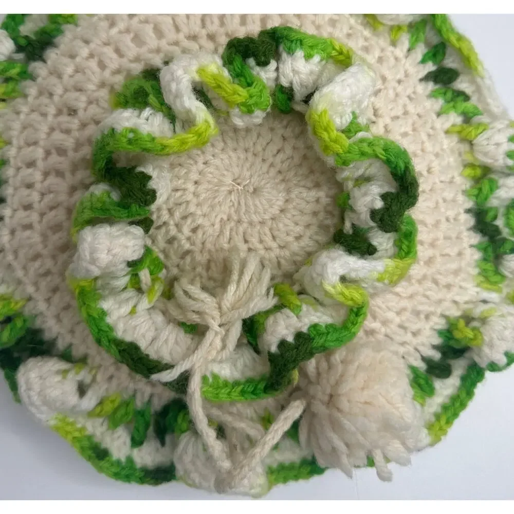Vintage Handmade Round Flower Crochet Pillow Green White